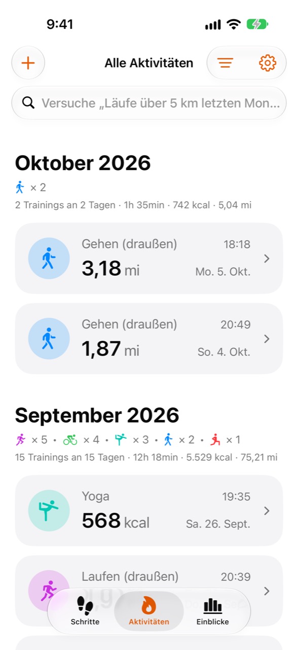 Stepper-Bildschirm „Aktivitäten“ mit den letzten Trainings
