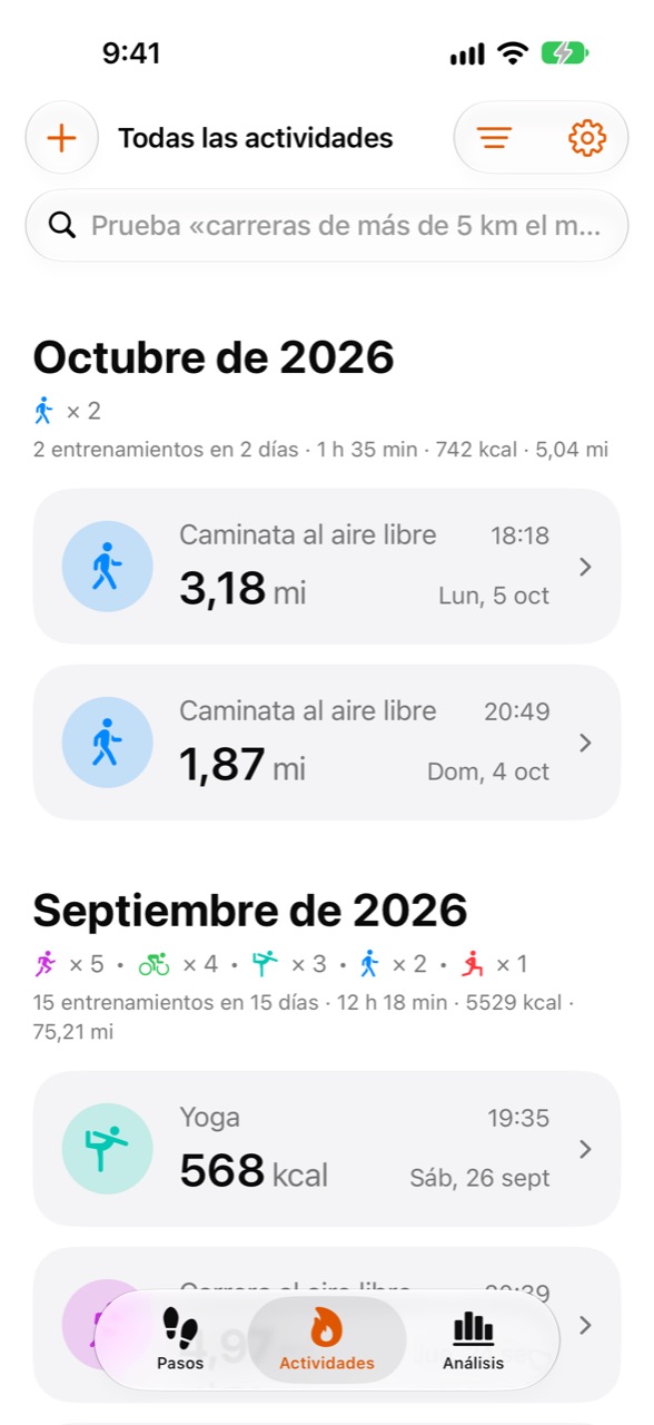 Pantalla Actividades de Stepper con los entrenamientos recientes