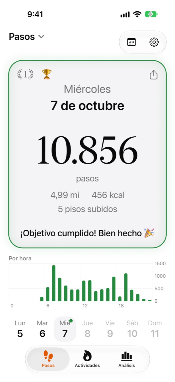 Pantalla de inicio de Stepper con los pasos de hoy y el progreso hacia el objetivo