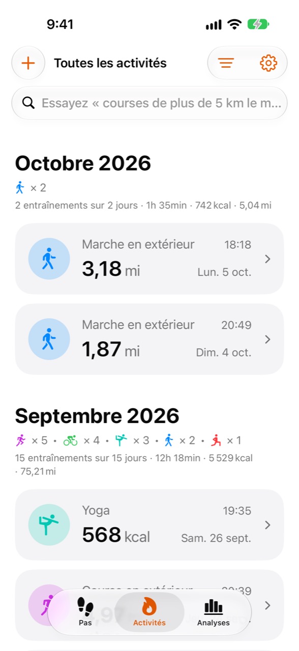 Écran Activités de Stepper avec les entraînements récents