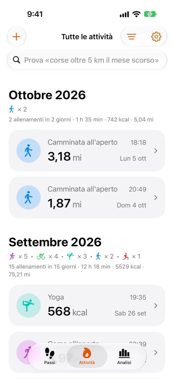 Schermata Attività di Stepper con gli allenamenti recenti
