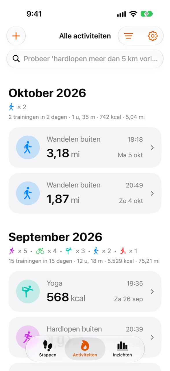 Activiteitenscherm van Stepper met recente trainingen