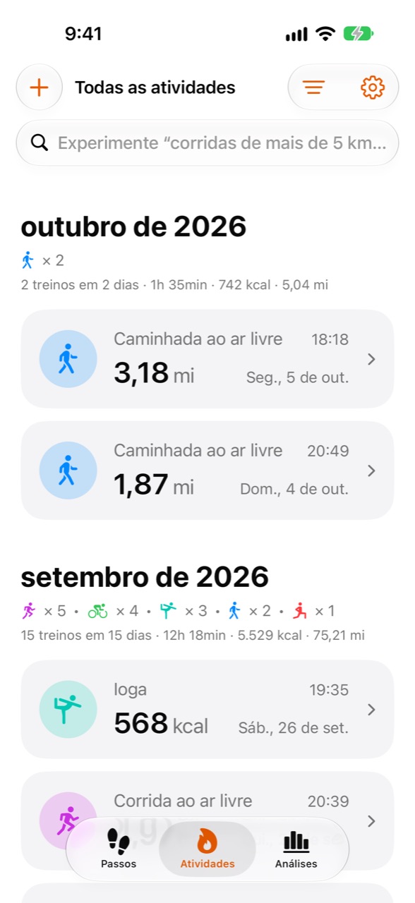 Tela Atividades do Stepper com os treinos recentes