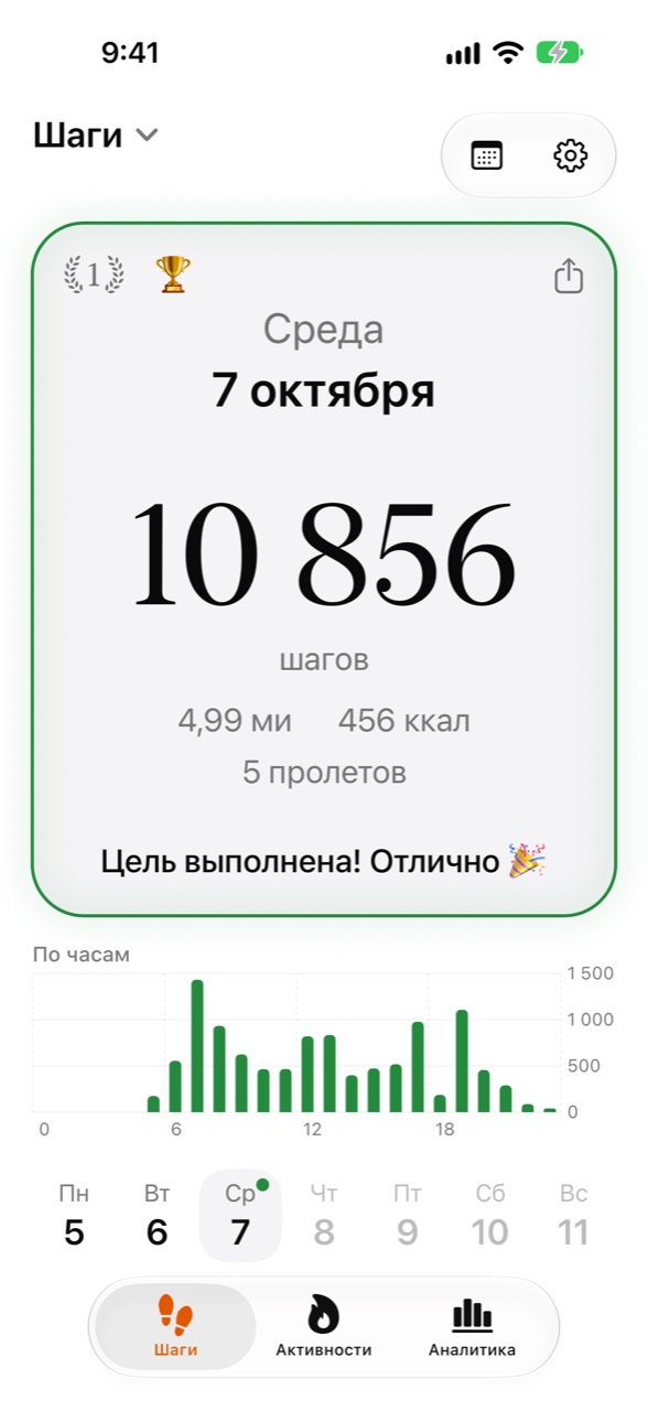 Главный экран Stepper с шагами за сегодня и прогрессом к цели