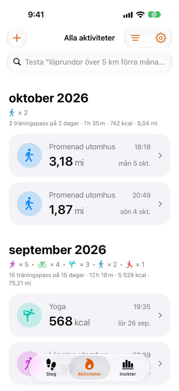 Steppers aktivitetsskärm med senaste träningspass