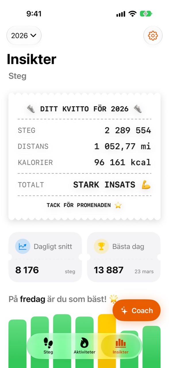 Steppers insiktsskärm med årets statistik