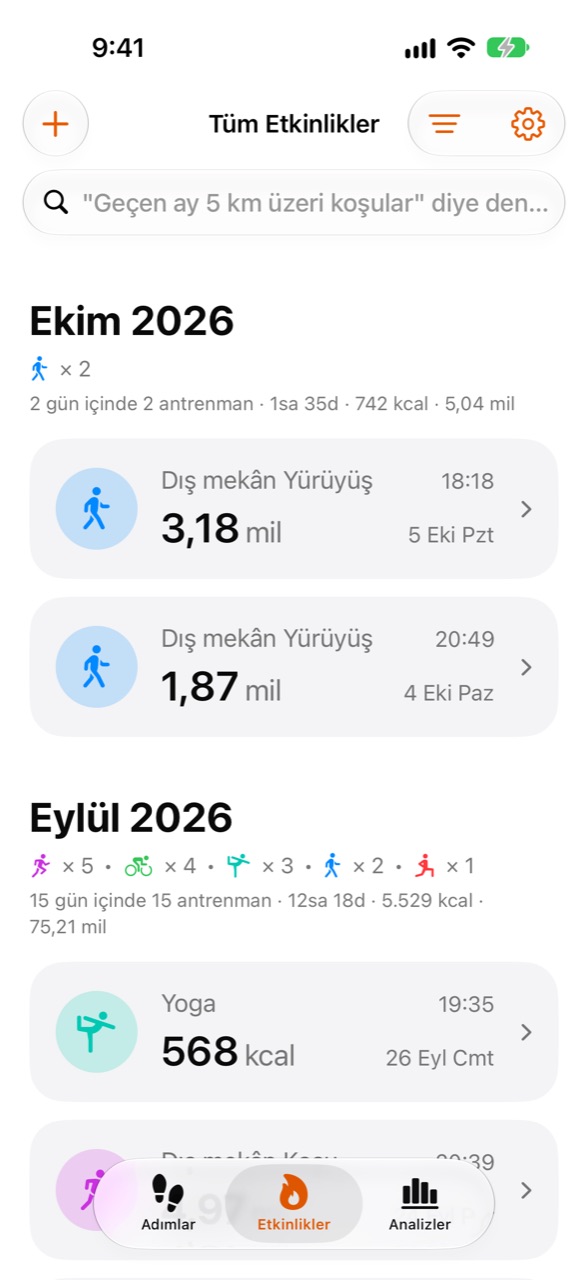 Stepper Etkinlikler ekranı: son antrenmanlar