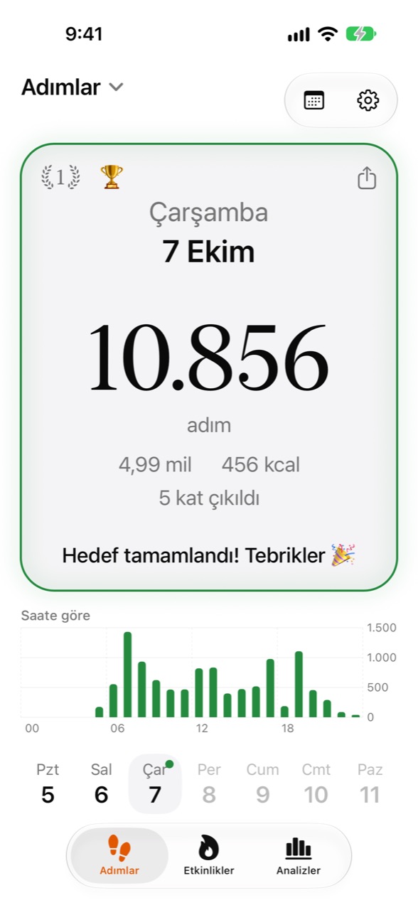 Stepper ana ekranı: bugünkü adımlar ve hedefe ilerleme