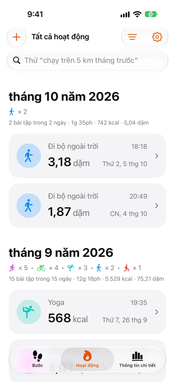 Màn hình Hoạt động của Stepper liệt kê các bài tập gần đây